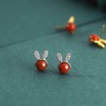Red Agate Bunny Stud Earrings In Sterling Silver