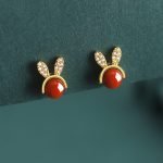 Red Agate Bunny Stud Earrings In Sterling Silver