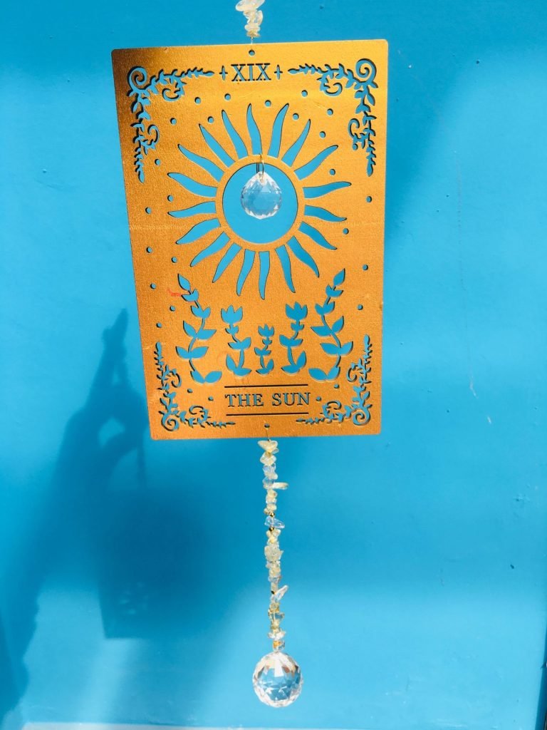 hanging crystal suncatcher with golden color wood card