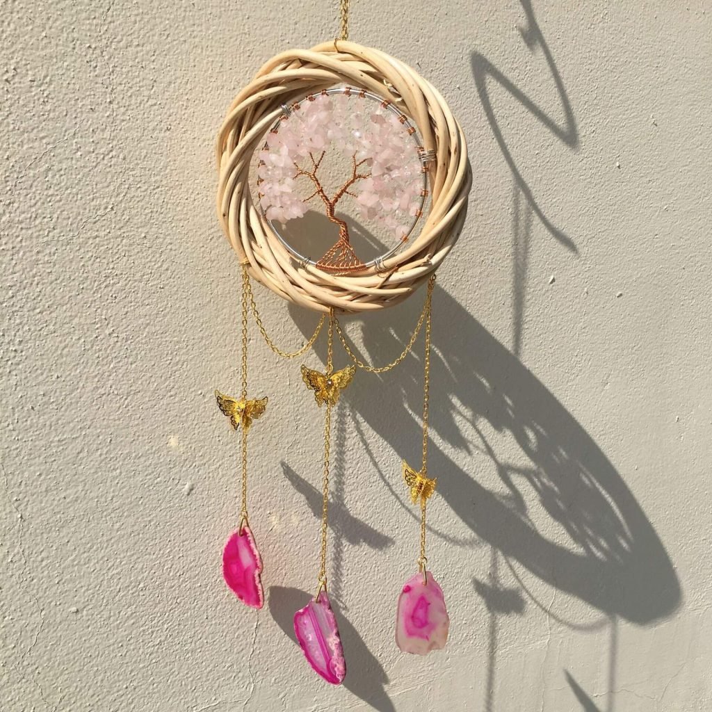 rose quartz crystal tree of life suncatchers for sale