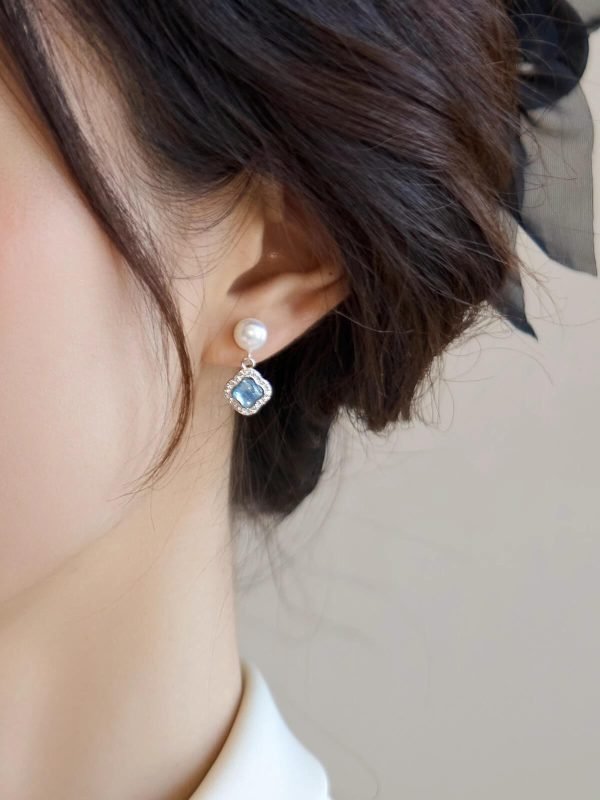 pearl and aquamarine stone stud earrings