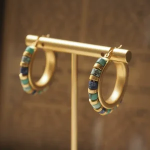 Turquoise Hoop Earrings with Lapis Lazuli -- Vintage Beaded Stone Jewelry1