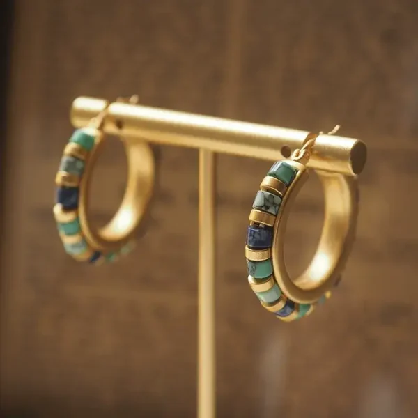 Turquoise Hoop Earrings with Lapis Lazuli -- Vintage Beaded Stone Jewelry1