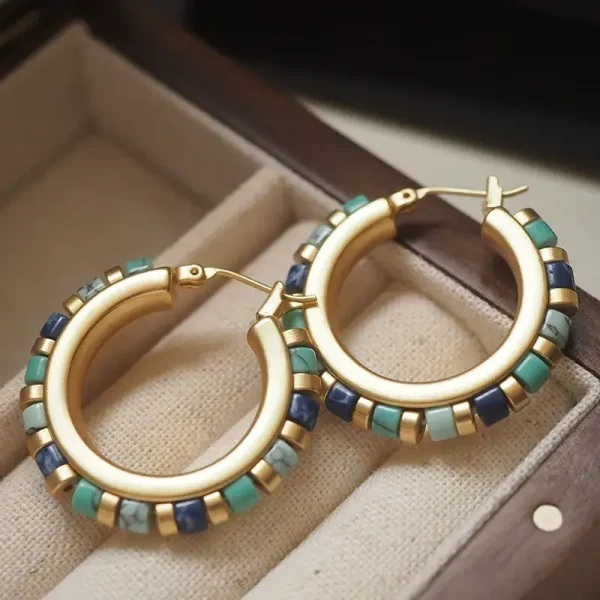 Turquoise Hoop Earrings with Lapis Lazuli -- Vintage Beaded Stone Jewelry8