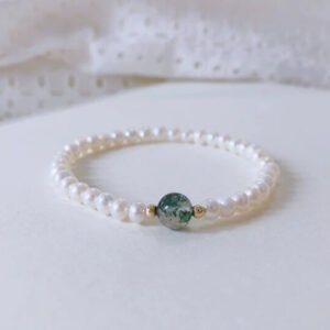 stretchy pearl moss agate ring